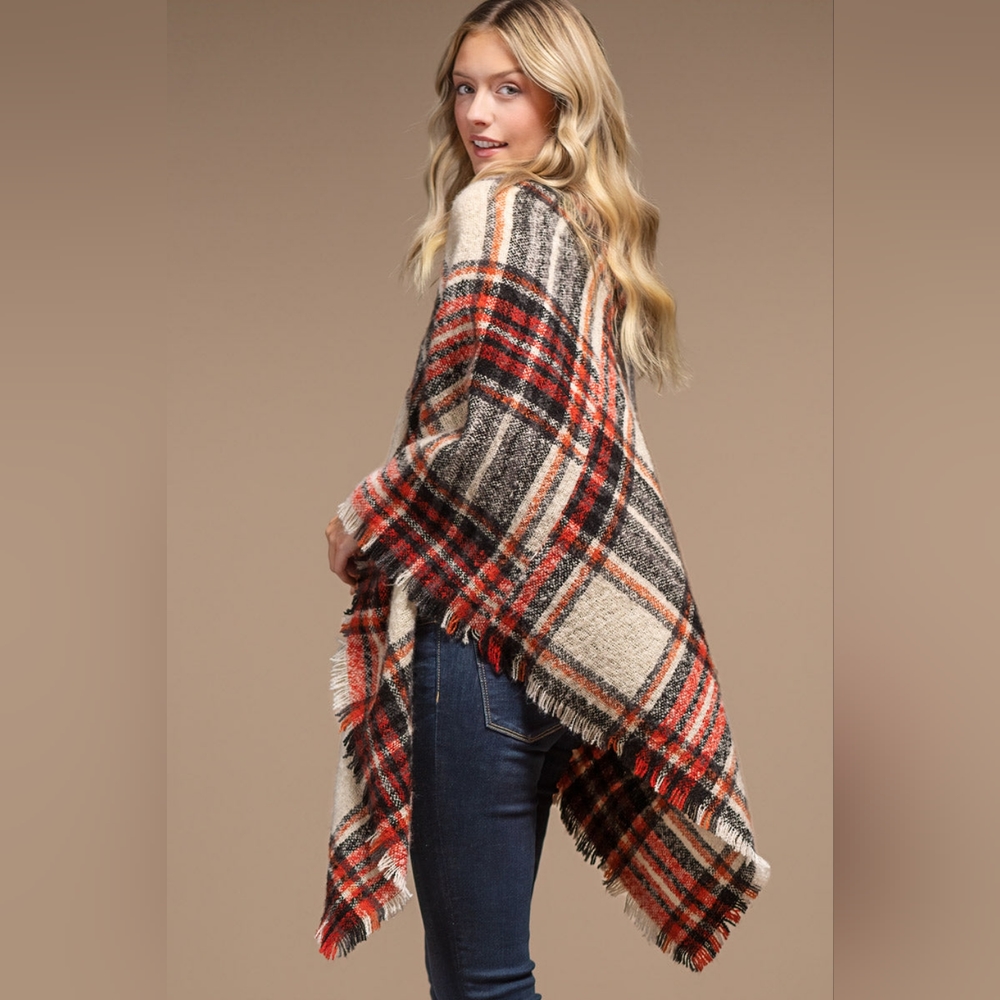Poncho Multi Color Plaid w Frayed Fringe - Red Black & White